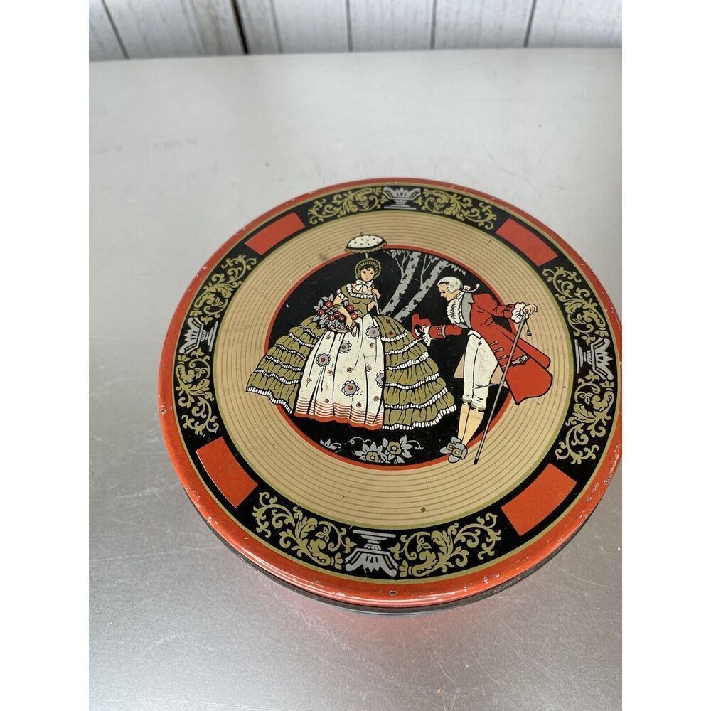 Antique Art Deco Romantic Victorian Couple Orange 1920s - 1930s Round Tin